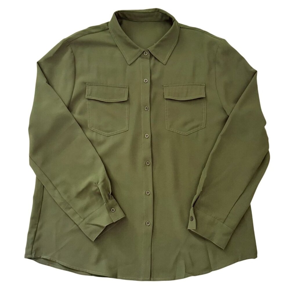 Olive Green Top Size Large Button Front Long Sleeve Blouse Fall Utility Neutral - Picture 3 of 10